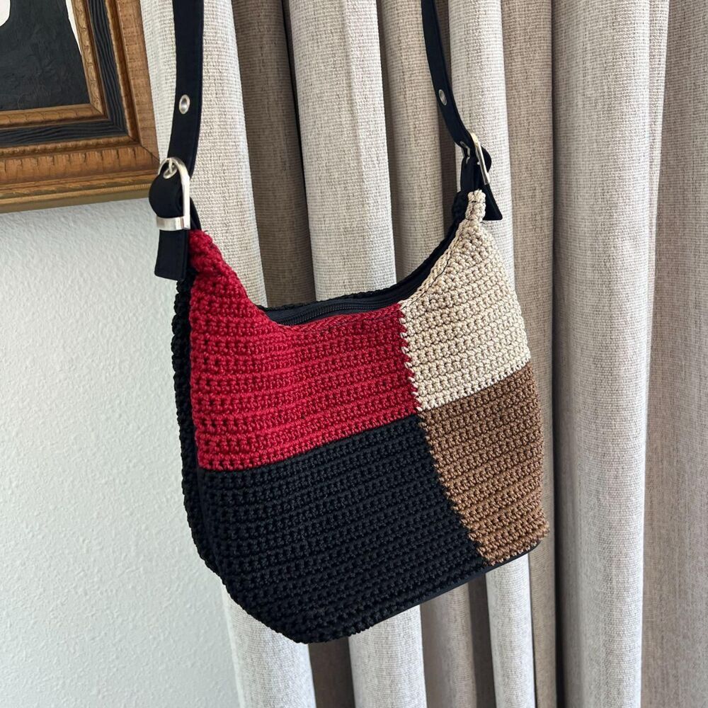 Vintage Color-block Crochet Knit Purse Medium Shoulder Bag Boho Red Black Tan